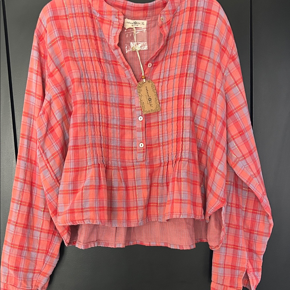 NWT Natural Life Plaid Button-Up Blouse